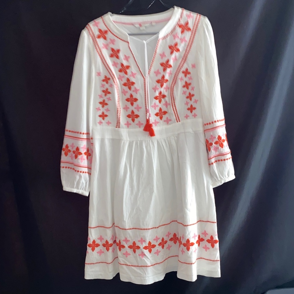 Boden size 10P 100%Cotton‎ DressLined White and Pink Embroidered Fabric Tassel